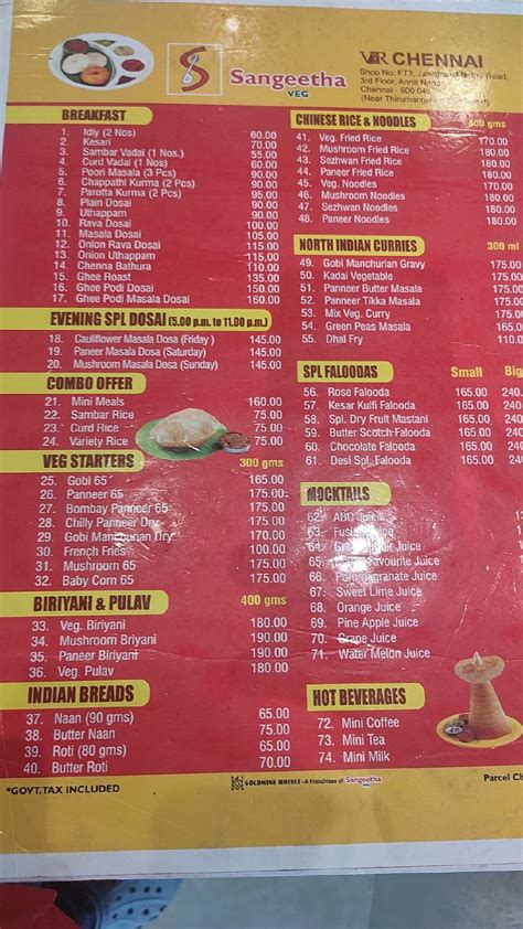 Menu At Sangeetha Veg Restaurant Anna Nagar Chennai No 44