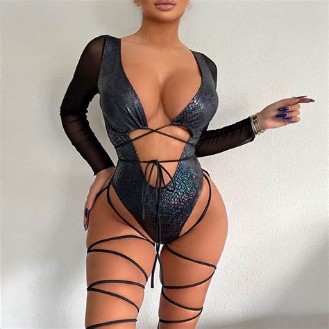 Bikini For Women Black Shiny One Piece Swimwear Cross Bandage Sexy Hollow Out Bathing Suit Long