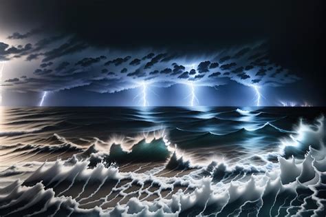 Premium AI Image | A painting of a storm on the ocean with a lightning bolt on the water.