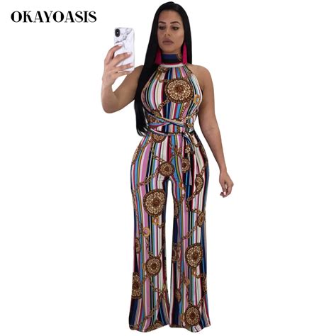 Okayoasis Summer Halter Jumpsuits Women Sexy Backless Bandage Overalls