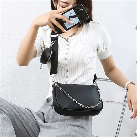 Fashion Pu Leather Shoulder Bag For Women Black Bag Chains Crossbody