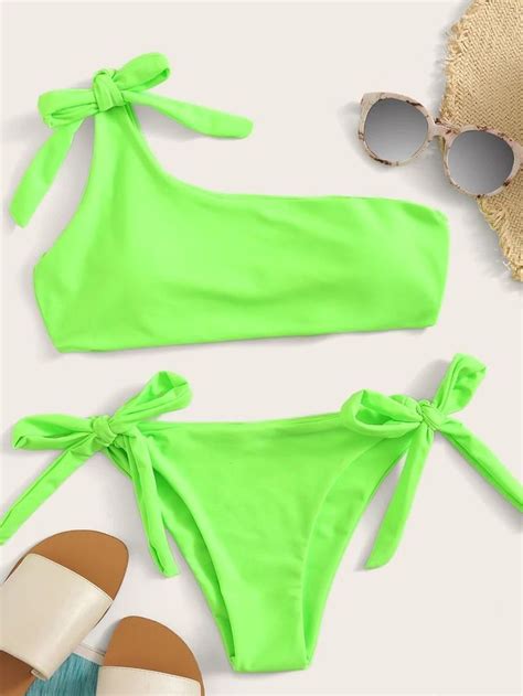 One Shoulder Top With Self Tie Side Bikini Set In Side Tie Bikini One Shoulder Tops Bikinis