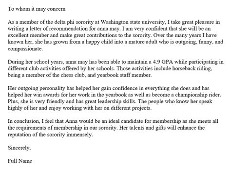 Free Sorority Recommendation Letter Template With Example