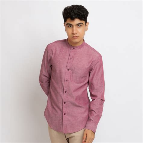 kemeja oxford kerah mandarin lengan panjang red guava lazada indonesia