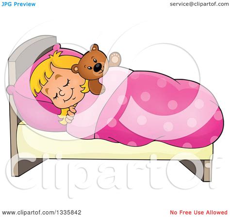 Clipart Of A Cartoon Happy Blond Caucasian Girl Sleeping And Dreaming