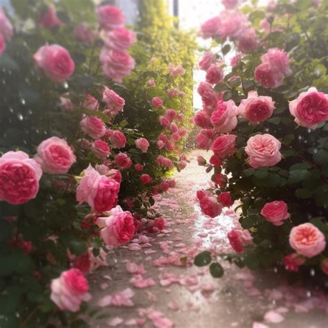 Premium Ai Image A Path Of Pink Roses With Petals On It And A Flower