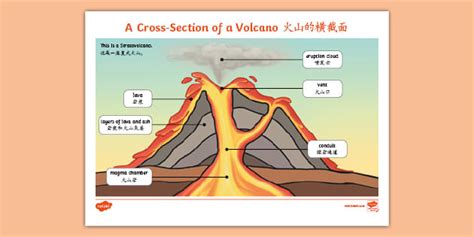 Volcano Layers Cross-Section Display Poster English/ Chinese