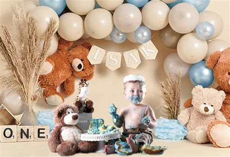 Mehofond Photography Background Bohemian Grass Blue Balloon Brown Bear