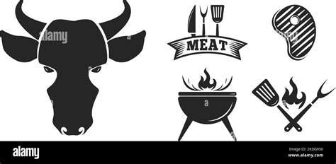 Bbq Grill Elements Barbecue Grilling Icons Beef Steak Roaster Utensils