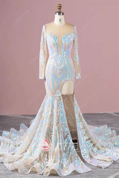 Iridescent Pink Blue Unique Sequin Nude Mesh Fabric OneYard