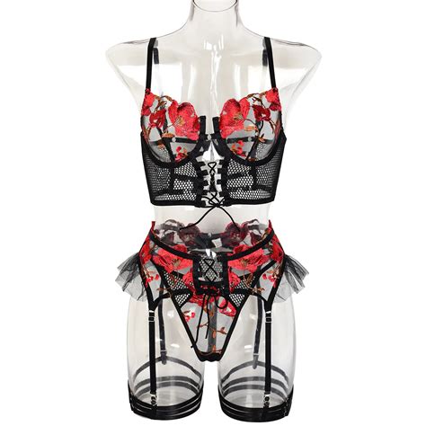 Wholesale Mesh Lingerie Set Female Transparent Women Sexy Flower Embroidered Floral Sexy