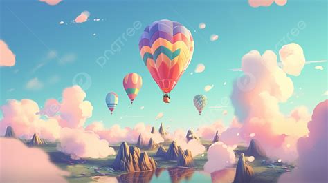 Hot Air Balloon Mountains River Cartoon Illustration Sky Cute Background Sky Cartoon Cute Hot