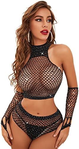 Amazon HiSexy Sexy Mesh Lingerie Set For Women Sparkle Rhinestone Exotic Fishnet Outfit