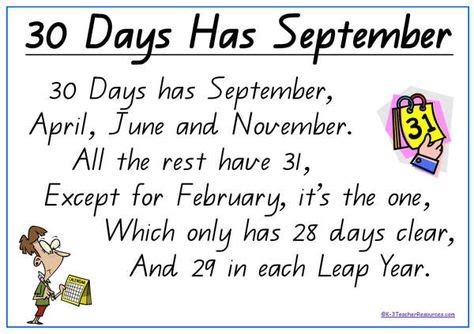 Days Has September Poem Printable