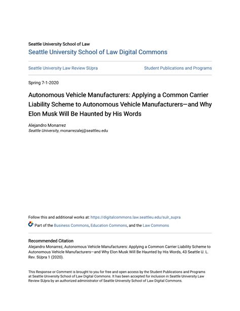 Autonomous Vehicle Manufacturers: Applying a Common Carrier Liability ...