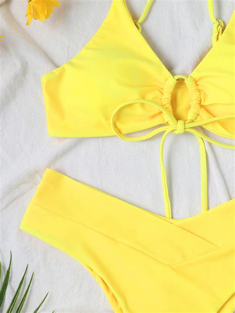 New High Elastic Bikini Set For 2023 Summer Two Pieces Solid Color Lace Up Sexy Women Swimsuit