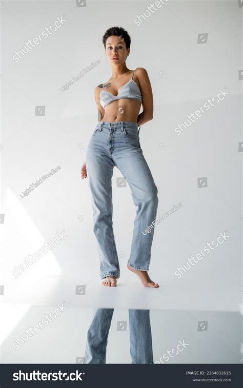 Full Length Barefoot Brunette Woman Jeans Stock Photo 2264832615 Shutterstock