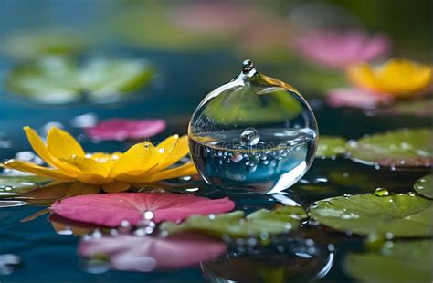 Crystal Clear Water Drop Resting On Autumn Leaves With Reflective