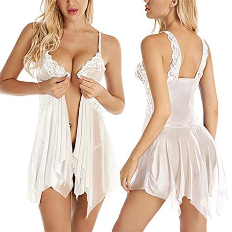 Women Lace Lingerie Front Closure Babydoll V Neck Nightwear Sexy Chemise Nightie Backless Briefs
