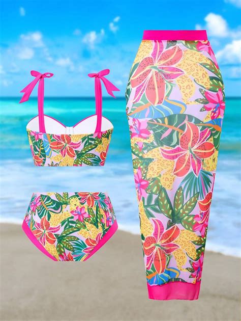 Shein Swim Curve Plus Size Women S Pcs Set Floral Print Bustier Bikini With Sarong Skirt Beach