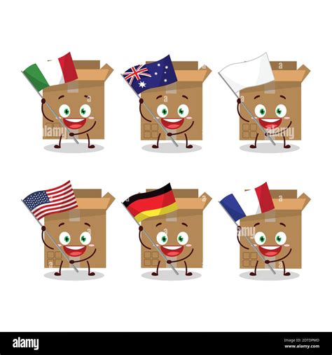 Carton Box Cartoon Character Bring The Flags Of Various Countries