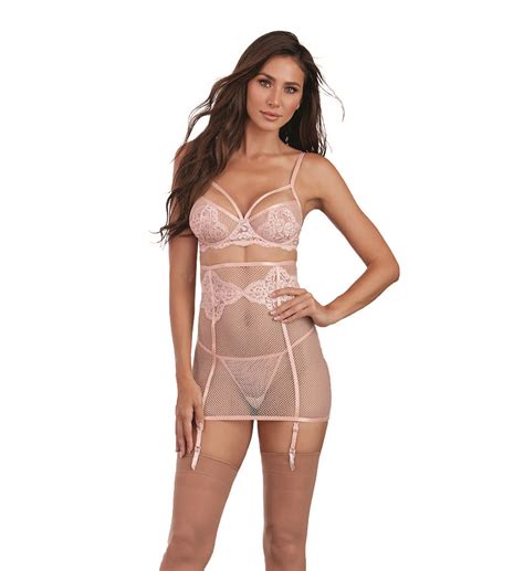 Fishnet And Lace Bra Garter Skirt And G String Set Picture Perfect Lingerie