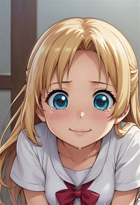 Anime Girl With Long Blonde Hair And White Shirt Crying An Anime