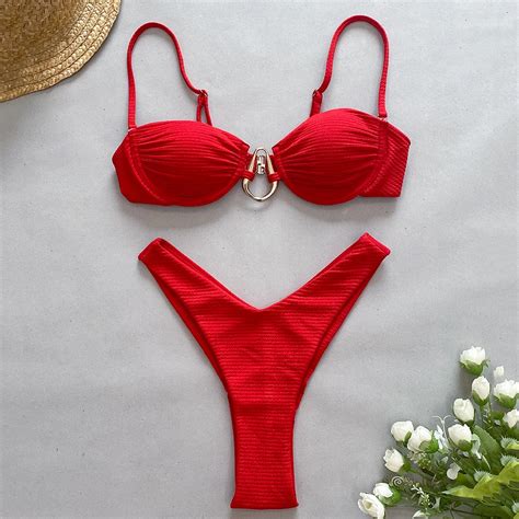 Sexy Red Push Up Bikini Women Swimwear Wrinkled Underwired Swimsuit High Cut Bathing Suit