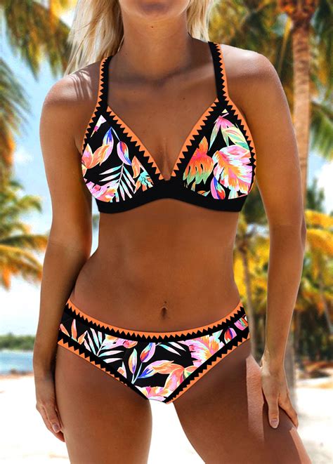 Criss Cross Leaf Print Black Bikini Set Usd 31 98