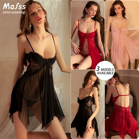 Mafss Sexy Lingerie Sleepwear Set For Sex Black Lace Pajamas Sex Dress For Woman Slip Nightgown