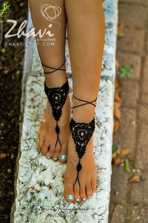 Black Crochet Barefoot Sandals Bridal Foot Jewelry Beach Wedding White Nude Shoes Spring Wedding
