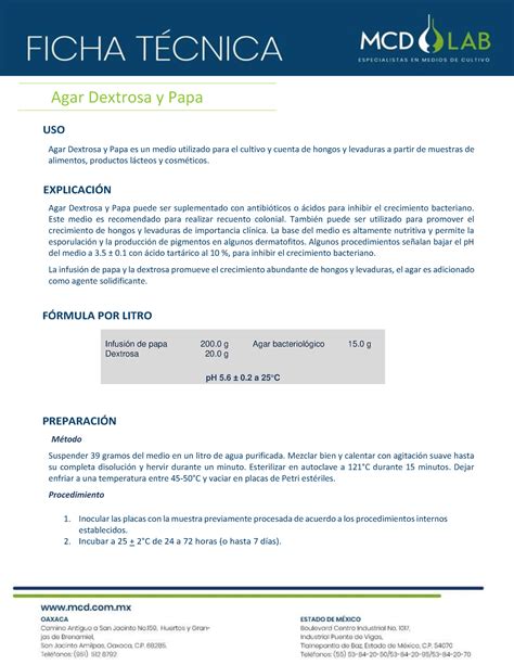 FT Agar Dextrosa y Papa Preparación de medios de cultivo Agar