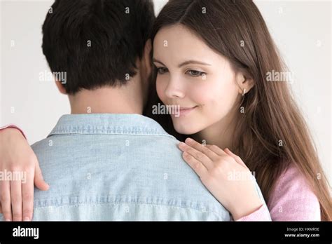 Young Lady Embracing Guy Happy Beautiful Girl Hugging Her Boyfr Stock