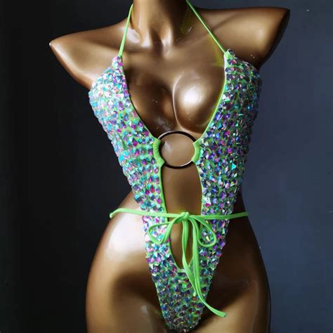Green One Piece Bikini Set Women Diamante Carnival Bra Rhinestone Sexy Night Club Panties