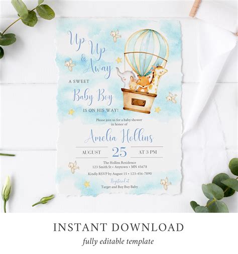 Hot Air Balloon Editable Baby Shower Invitation Printable Etsy