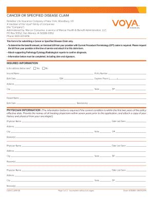 Fillable Online CANCER OR SPECIFIED DISEASE CLAIM Voya Financial Fax