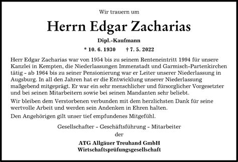 Traueranzeigen Von Edgar Zacharias Augsburger Allgemeine Zeitung