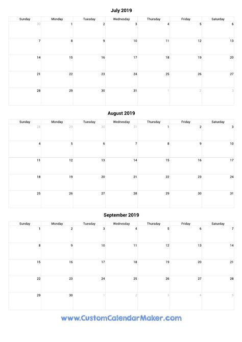 July To September 2019 Printable Calendar