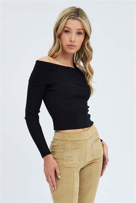 Black Knit Top Off The Shoulder Ribbed Ally Fashion