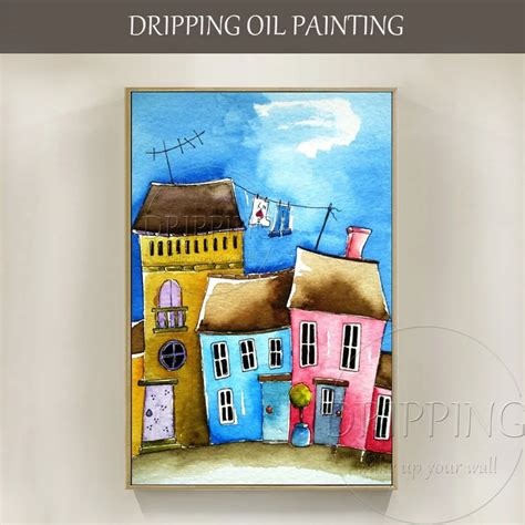 New Design Artist Hand painted High Quality Houses Oil Painting on Canvas Colorful House ...