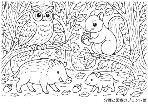 10月の高齢者向け塗り絵｜秋の塗り絵でリス、イノシシ、フクロウなどかわいい動物たち介護レクに最適 介護と医療のプリント館