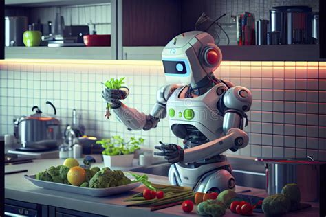 Robot Chef Cooking in Kitchen of Future Home Genius, Smart Robot ...