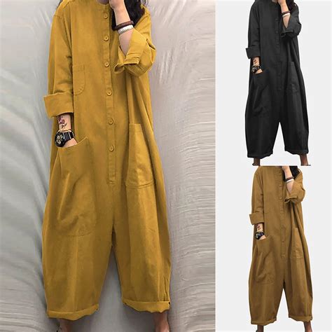 AGWOLF Women's Linen One Piece Jumpsuits Baggy Long Sleeve Button Down