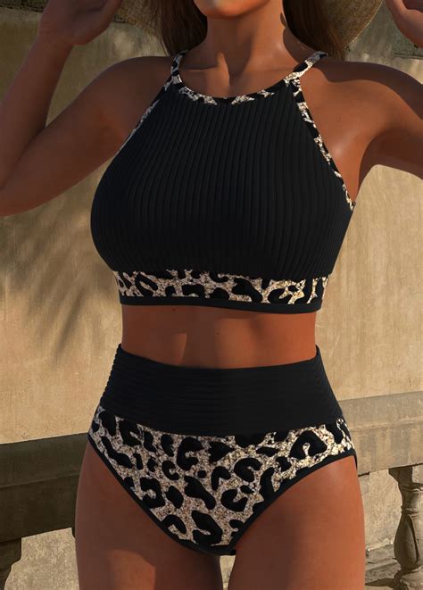 Patchwork Leopard Black High Waisted Bikini Set Modlily USD 35 98