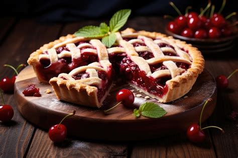 Premium Photo Sliced Delicious Cherry Pie On Wooden Board