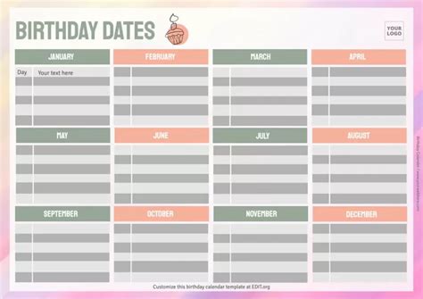 Printable birthday calendar templates