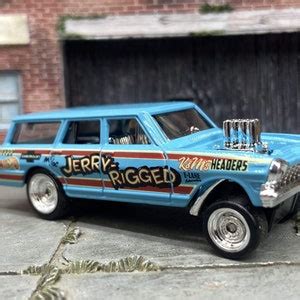 Custom Hot Wheels Chevy Nova Station Wagon Gasser Drag Car In Blue With Chrome Steel Wheels