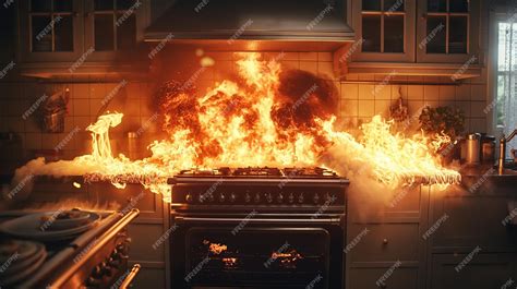 Premium Photo Burning Gas Stove In Fire In Kitchen In House