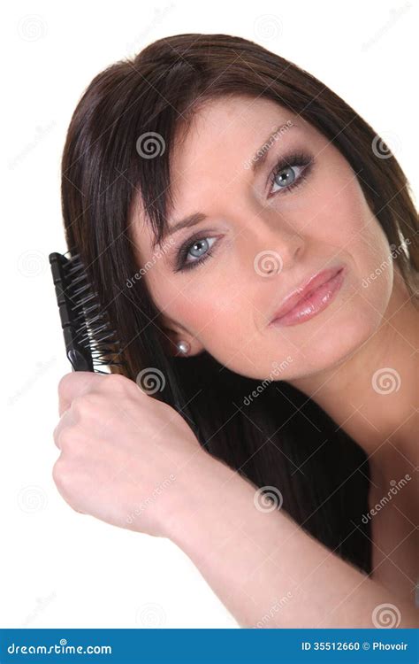 Brunette Brushing Her Hair Stock Photo Image Of Hairbrush 35512660