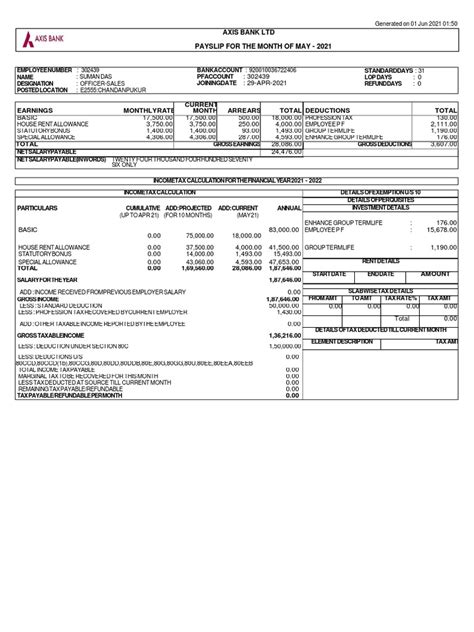 Axis Bank Ltd Payslip For The Month Of May 2021 Pdf Alternative